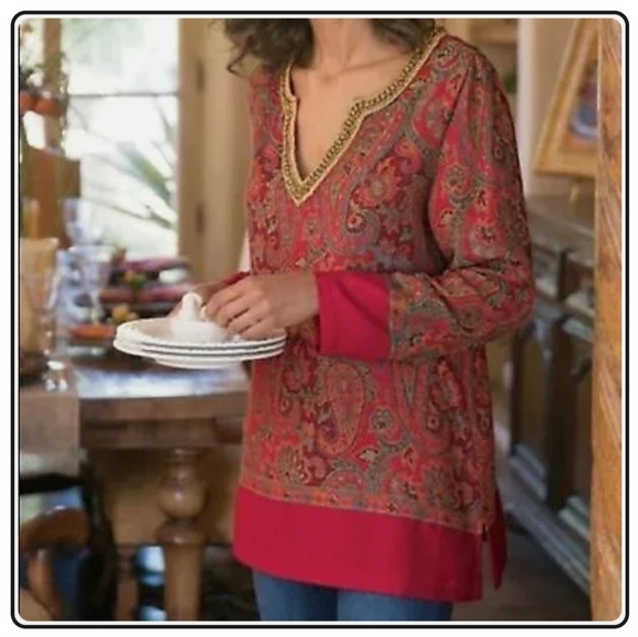 Soft Surroundings Red Gold Long Sleeve Paisley Pullover Tunic XLP - Picture 3 of 8